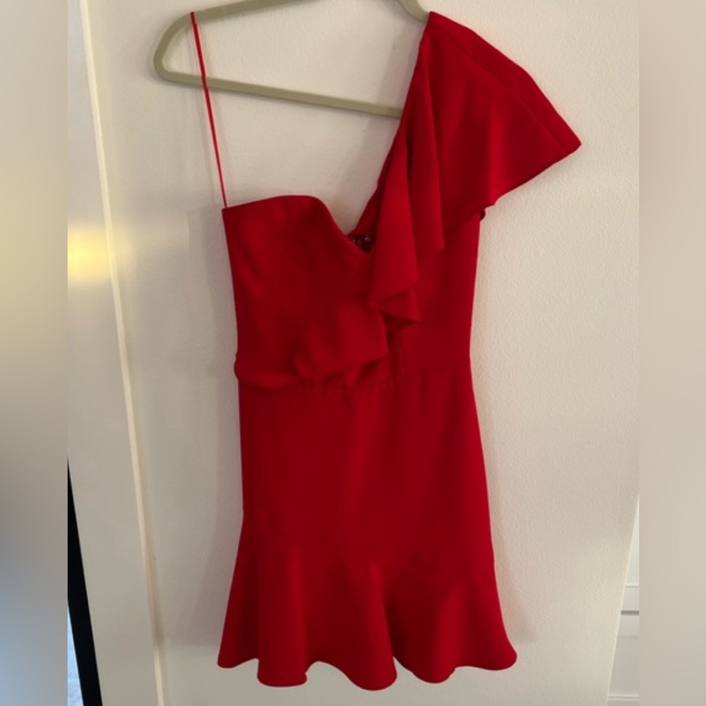 Red Amanda Uprichard McKinnon One Shoulder Ruffle Dress